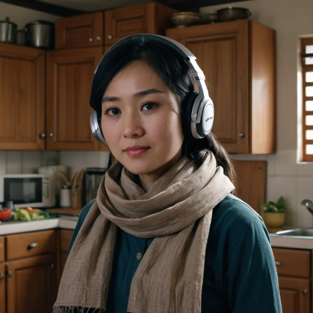 Prompt: a woman wearing headphones and a scarf in a kitchen with wooden cabinets and a refrigerator in the background, Cheng Shifa, sumatraism, screenshot, a screenshot