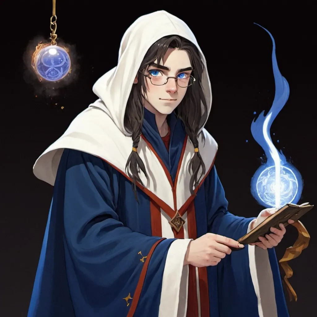 Prompt: a wizard, young, white and blue robes.