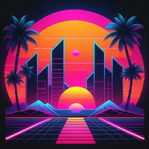 Prompt: "80s Sunset" – A vibrant sunset with an 80s aesthetic of neon colors and geometric patterns