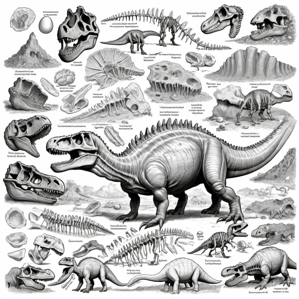 Prompt: A detailed scene illustrating various types of dinosaur fossils, including bones, teeth, footprints, and eggshells.
Include labels and annotations to identify each type of fossil and explain their significance.
Background should show a museum display or fossil preparation laboratory to depict the study and preservation of fossils.
