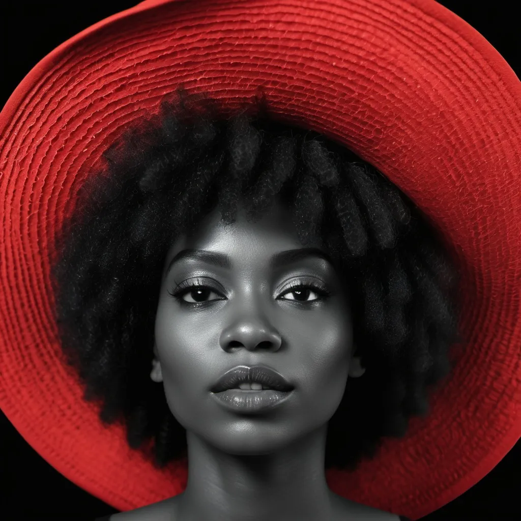 Prompt: A flower closeup, detailed texture and details. macro lens, product photography. Ok need silhouette image of black woman, afro hair or curly-afro hair. headshot. must be black and white image. Red Witch Hat