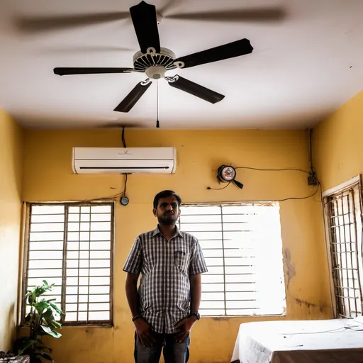 Prompt: a man standing in a room with a ceiling fan and a ceiling fan in the background and a car on the wall, Bholekar Srihari, sumatraism, tech wear, a picture