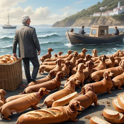 Prompt: draw a realistic sea environment with many dachshunds chasing a man who sells bread