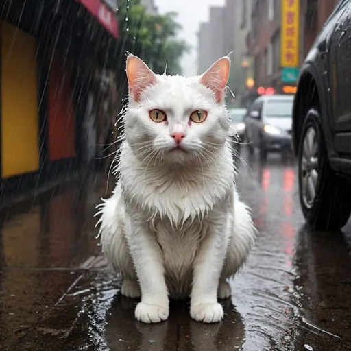 Prompt: A cat in heavy rain. Urban allyes, dunbsters and other stuff. Cat is like Garfield, but white.  Cat's wet couse it's raining.