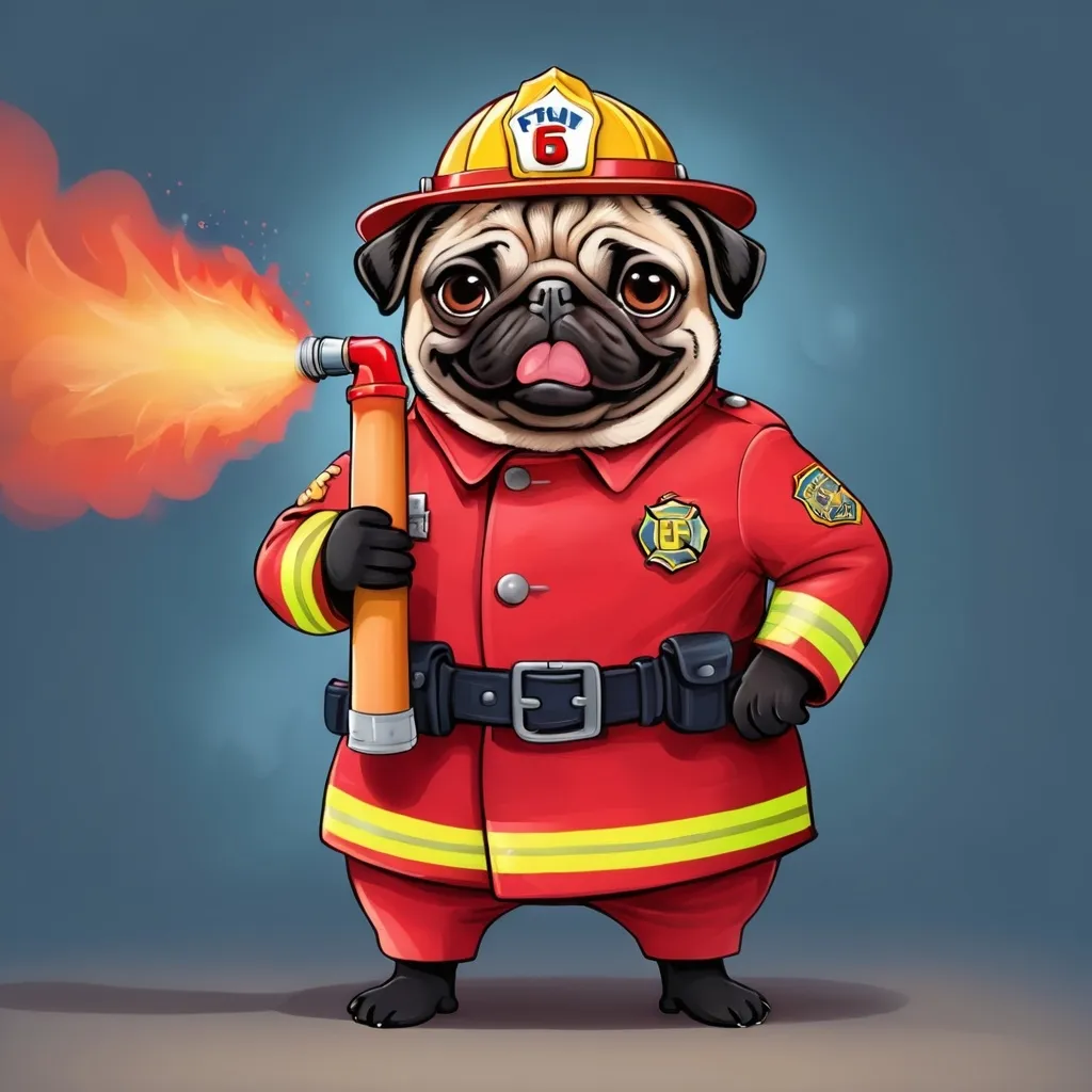 Prompt: Cartoon pug dressed as a fireman with a firehose