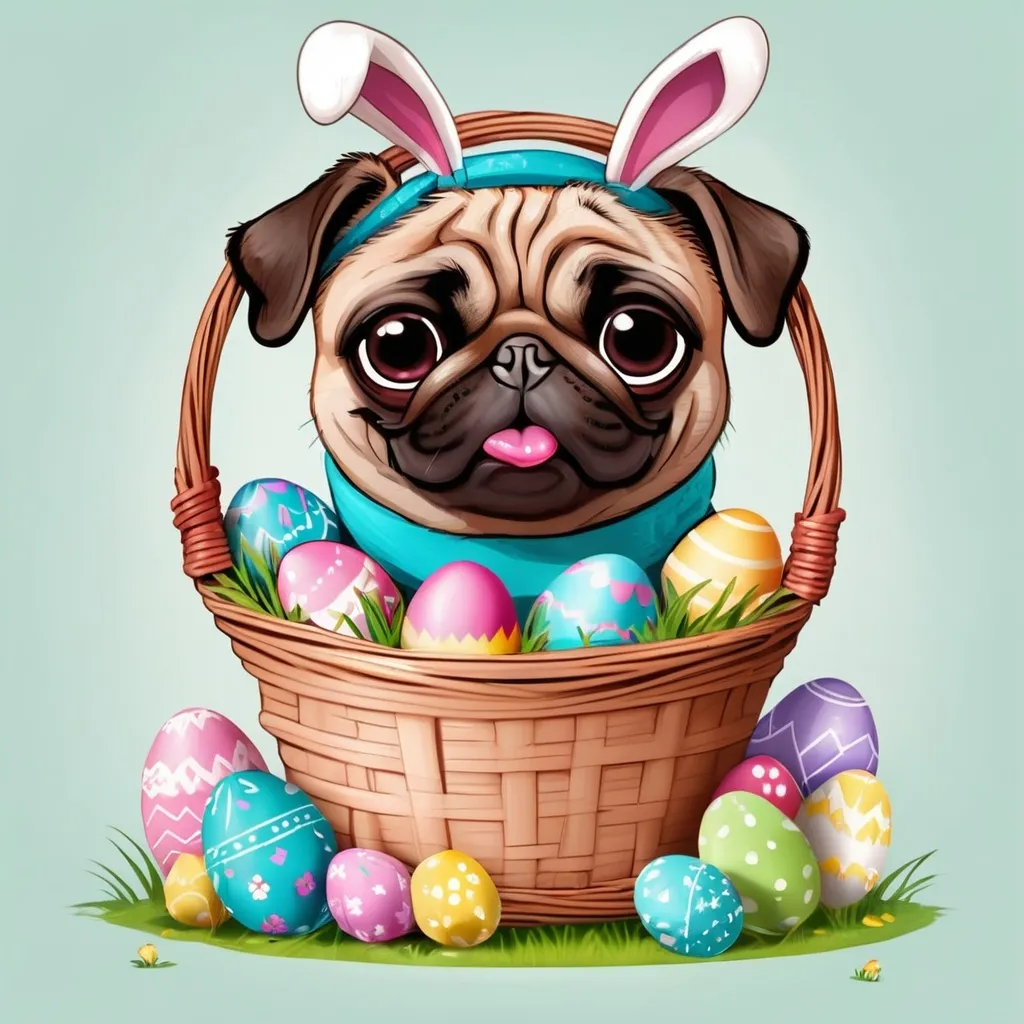 Prompt: Cartoon Easter pug with rabbit ears holding a basket of Easter Eggs