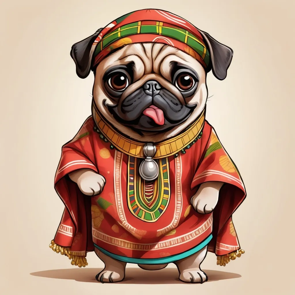 Prompt: Cartoon pug dressed in traditional African clothing