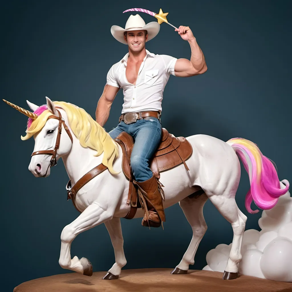 Prompt: hunky cowboy riding unicorn