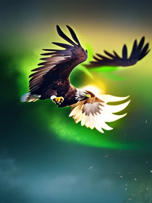 Prompt: Photo-realistic image of a majestic eagle, in mid-flight, soaring over a lush green soccer field, vibrant green color palette, photorealistic, detailed feathers and intense gaze, dynamic composition, best quality, ultra-realistic, detailed wings, professional, vibrant lighting, soccer field, majestic, vibrant green, detailed feathers, intense gaze, dynamic composition, realistic, professional