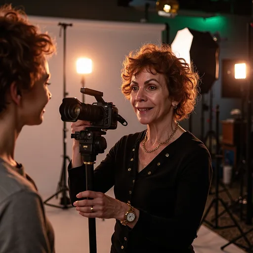 Prompt: @iNLTWKmRa3yxwYondb15 is holding a camera in a photography studio and directing someone to do something