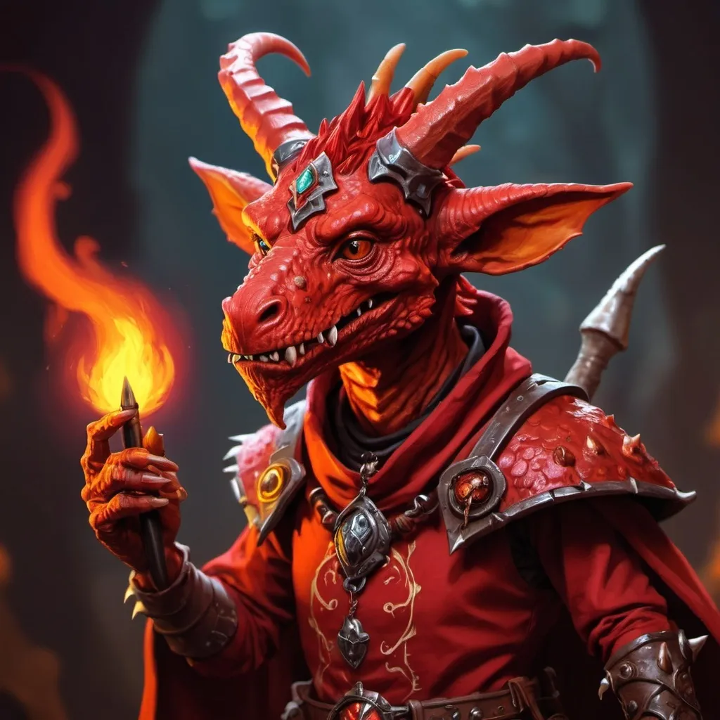 Prompt: kind Red kobold warlock, digital painting, detailed scales and horns, high quality, fiery tones, dramatic lighting