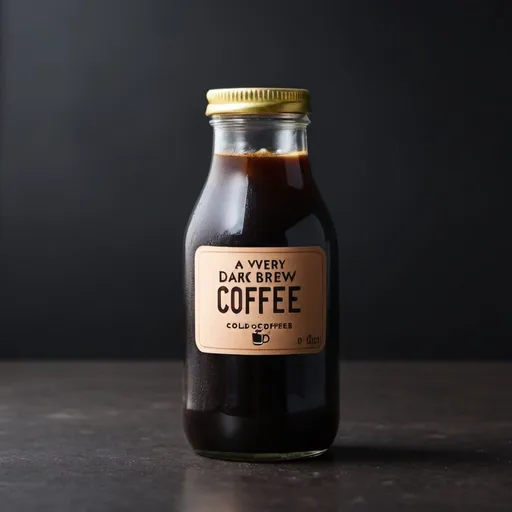 Prompt: a very dark cold brew coffee in a little glass bottle
