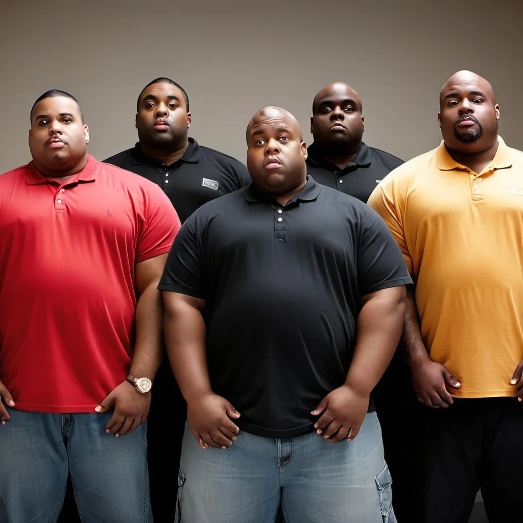 Prompt: 5 big fat black men behind someone