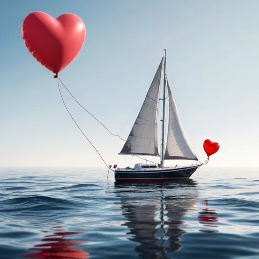 Prompt: a red heart balloon floating above a sailboat in the ocean. the balloon has no words on it and has a line connecting it to the sailboat
