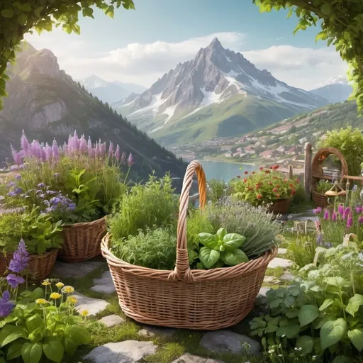 Prompt: magical garden with a basket full of herbs and a mountain

