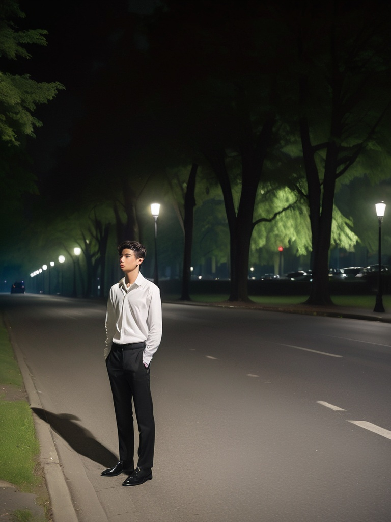 Prompt: Under the soft glow of streetlights at night, a young man stands on a quiet road, exuding an air of casual elegance while holding a jacket over his shoulder. He wears a crisp white shirt, fitted black trousers, and polished shoes, with his head slightly bowed, creating a reflective mood. Tall trees rise majestically in the background, partially framing a park or monument illuminated by warm lights, which adds to the serene ambiance. The scene captures a moment of stillness against the urban backdrop, blending the calm of the night with a hint of sophistication. A vehicle can be seen in the distance, subtly hinting at the liveliness just beyond this peaceful moment.