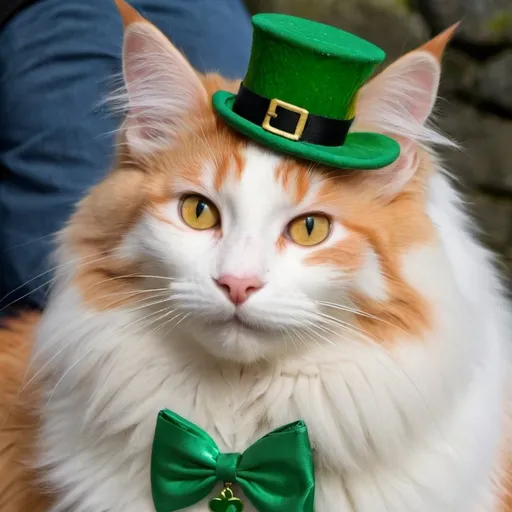 Prompt: Have an orange and white long-haired cat who is a turkish angora at the clifs of mohr in Ireland wishing Happy St. Patrick's Day