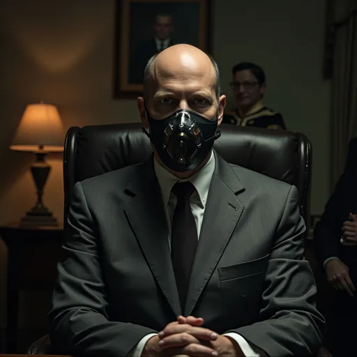Prompt: Steven Miller white house chief of staff portraying Hannibal lecter complete with a bite restraint muzzle and straight jacket sitting in a shadowy oval office