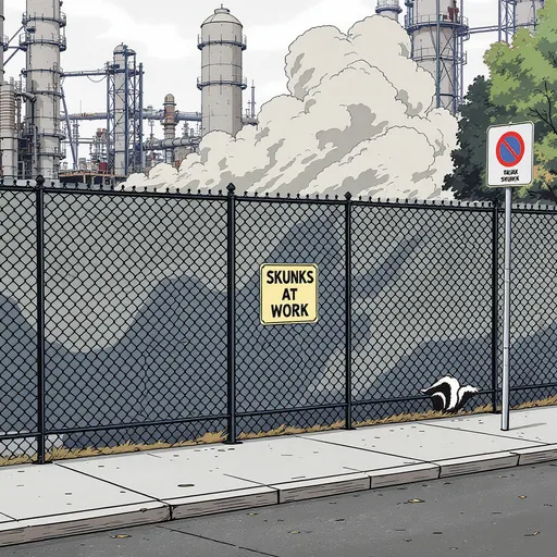 Prompt: in cartoon genre, a city sidewalk with a construction site privacy fence with a dust cloud rising behind it and a skunk profile shown behind the fence and an image of small skunk sticking out from the side of the fence. add the words SKUNKS AT WORK caution sign on the fence. use industrial area as venue