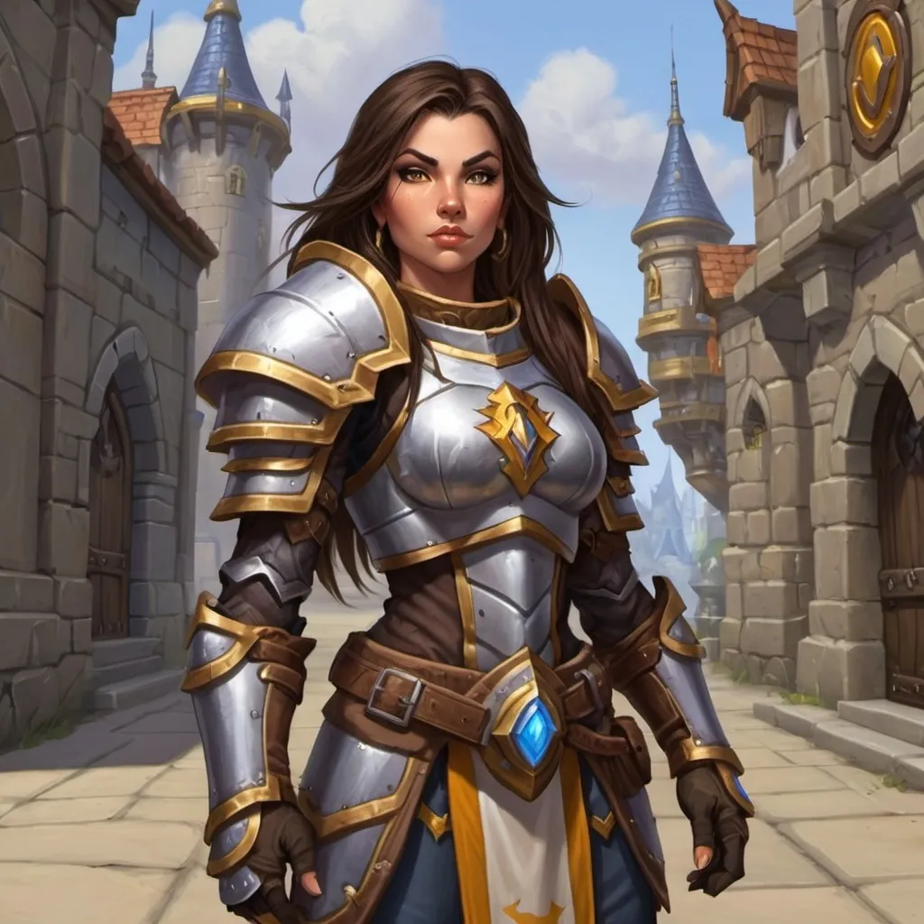 Prompt: 5'10 Brunette Hair, brown eyed woman.  Clad in mail armour, barking orders at trainees set in World of Warcraft, stormwind city.