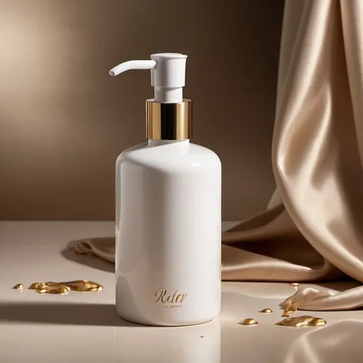 Prompt: Studio magazine style high-end photoshoot with a white soap dispenser bottle, silk background, professional lighting, luxury, high quality, elegant, sophisticated, glossy finish, high-res, creamy splashing, gold foil, luxury brand, high-end product
