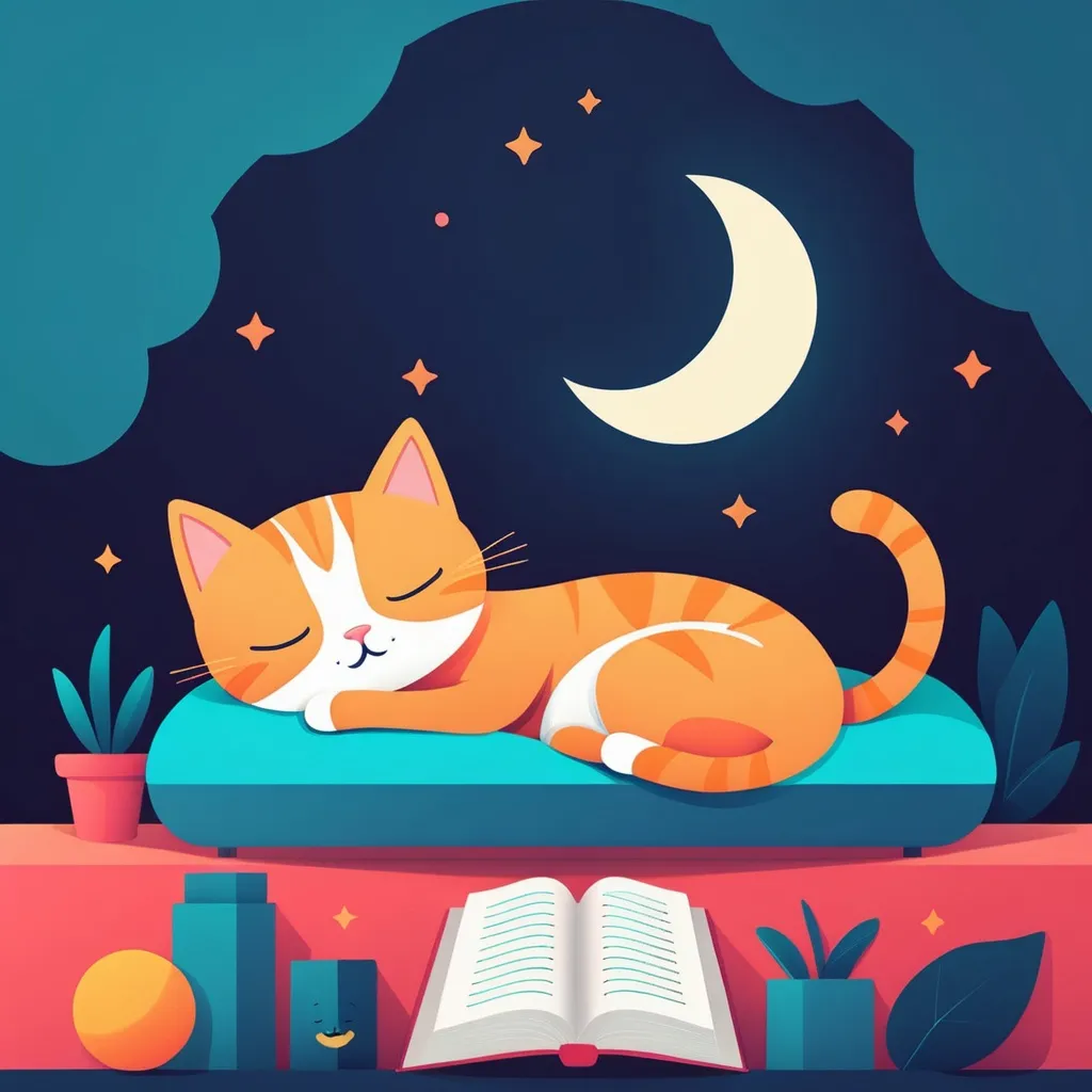 Prompt: illustrations for a book-cover,flat design,simple shapes,vector,colorful,2D,cute cartoon characters,cat sleeping