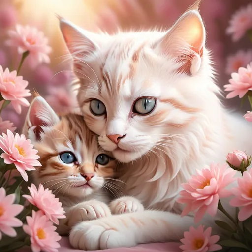 Prompt: photorealistic, (vibrant colors), a cute baby kitten cuddling with its mother, soft pinkish tones, warm and cozy atmosphere, heartwarming scene, intricate fur textures, mother cat lovingly gazing, playful kitten with bright eyes, soft sparkle of sunlight illuminating their faces, lush background with blooming flowers, ultra-detailed, high quality, emotional warmth within the image.