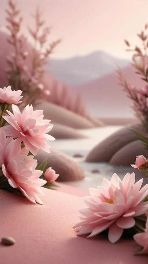 Prompt: (realistic scenic view), HD quality, (soft pink background), depth of field, atmospheric lighting with gentle highlights, peaceful ambiance, subtle textures, warm tones, minimalist composition, focus on soft gradients blending seamlessly into the background, enhancing the overall tranquil vibe.