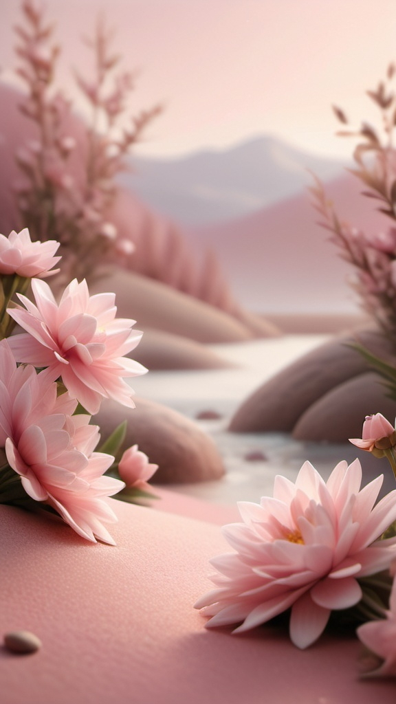 Prompt: (realistic scenic view), HD quality, (soft pink background), depth of field, atmospheric lighting with gentle highlights, peaceful ambiance, subtle textures, warm tones, minimalist composition, focus on soft gradients blending seamlessly into the background, enhancing the overall tranquil vibe.