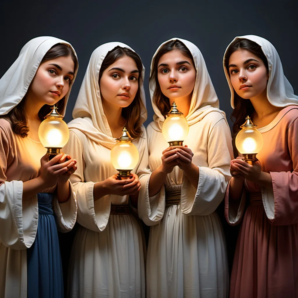Prompt: 5 wise virgins holding lamps with light
