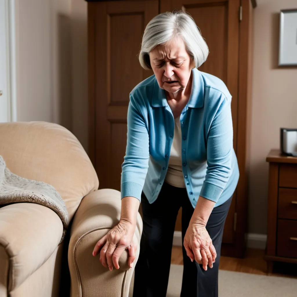Prompt: Older woman in her late 60's with arthritis in her knees struggling to stand up getting out her arm chair. She is trying to push herself onto her feet but it's too painful. Her hands are on either side of the arm chair.