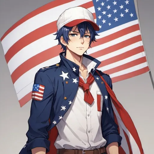 Prompt: An anime guy dressed in american patriotic clothing