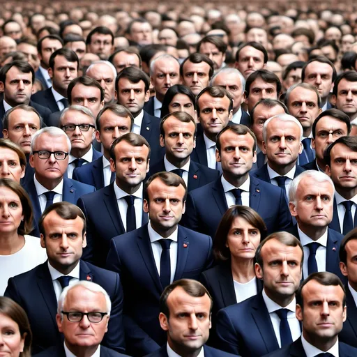 Prompt: Large crowd where every face is Emmanuel macron