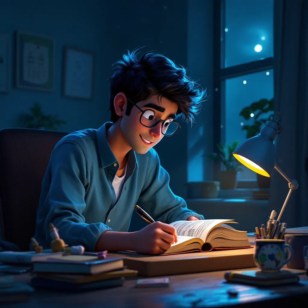 Prompt: 3d cartoon Ramesh studying late into the night, 3d determined to succeed in his education.