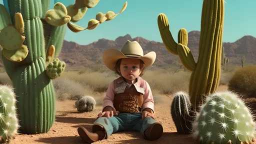 Prompt: A baby cowboy sitting under a cactus in a Wes Anderson film