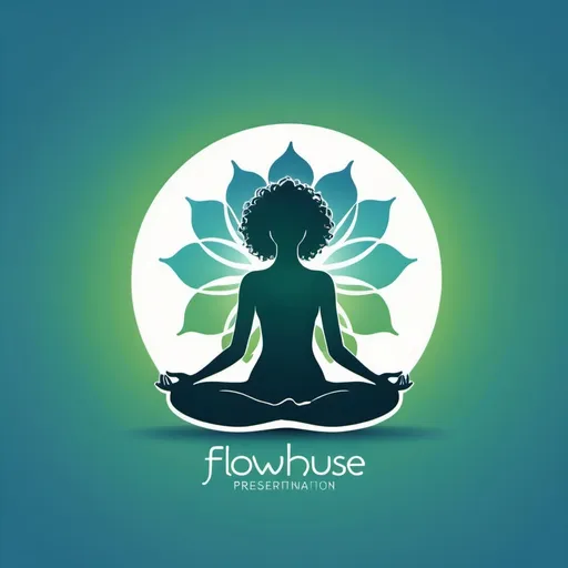 Prompt: (advertisement style logo for FlowHouse), vibrant color scheme, capturing essence of yoga and wellness, minimalistic yet impactful, soothing blue and rejuvenating green tones, gentle curves and flowing lines, clean and modern aesthetic, subtle incorporation of yoga symbols like lotus or om, high-quality design, HD, attention-grabbing, professional presentation. use a silhouette of a person doing yoga with big curly hair.