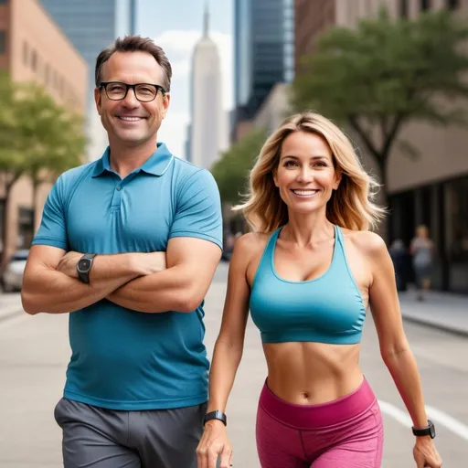 Prompt: Generate an image of A [35-45] year old + [female] + who lives in [urban area of the United States] + likes [fitness, wellness, technology] + and [regularly uses wearable devices and health apps, prefers premium, high quality products and services].