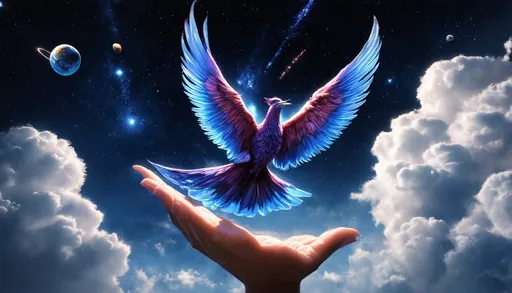Prompt: In a womans hand swirling clouds and distant galaxies, a stunning phoenix flies gracefully. Its feathers shimmer in shades of deep blue and radiant purple, resembling stars against the backdrop of nebulae and celestial clouds.

Planets with rings and craters orbit peacefully, while shooting stars streak across the sky, adding movement to the serene scene.