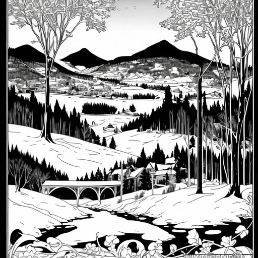 Prompt: A European landscape in winter Art Nouveau style black and white vector colouring book