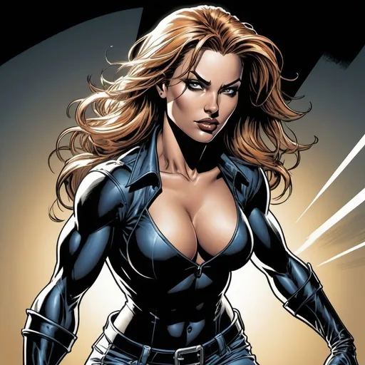 Prompt: female in 90s Top Cow comic style, dynamic pose, inked line art, comic book illustration, detailed shadows, intense action, high contrast, intense lighting, detailed costume, best quality, highres, ultra-detailed, comic book, dynamic pose, physique, intense action, detailed costume, high contrast, 90s style, intense lighting, detailed shadows