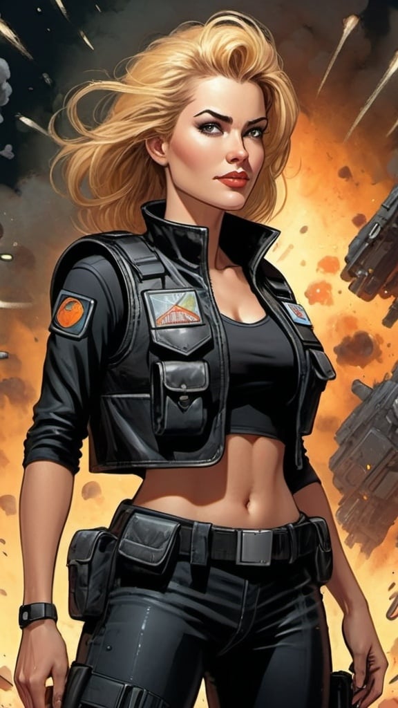 Prompt: 90s Comic art,Woman standing with wry smile, wearing Sci-Fi black costume military vest with pouches. Background multiple explosions from a spcecraft, texture to the clothing, composites and hair.ultra-detailed image. Use dynamic lighting and camerawork to create amazing action scene science-fiction, pulp style