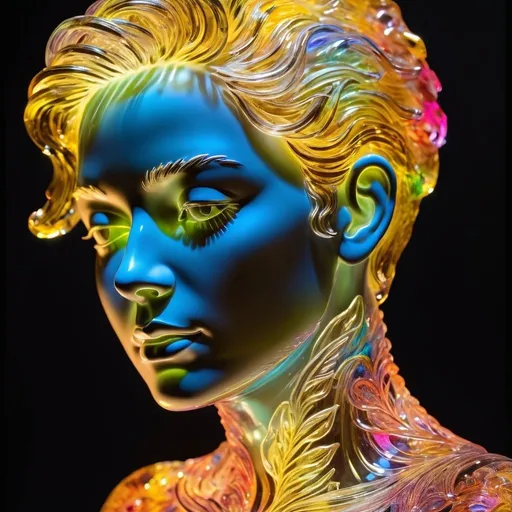 Prompt: A detailed and vibrant transparent glass sculpture of a woman head and torso, intricate details, gold hair, colorful neon back lighting