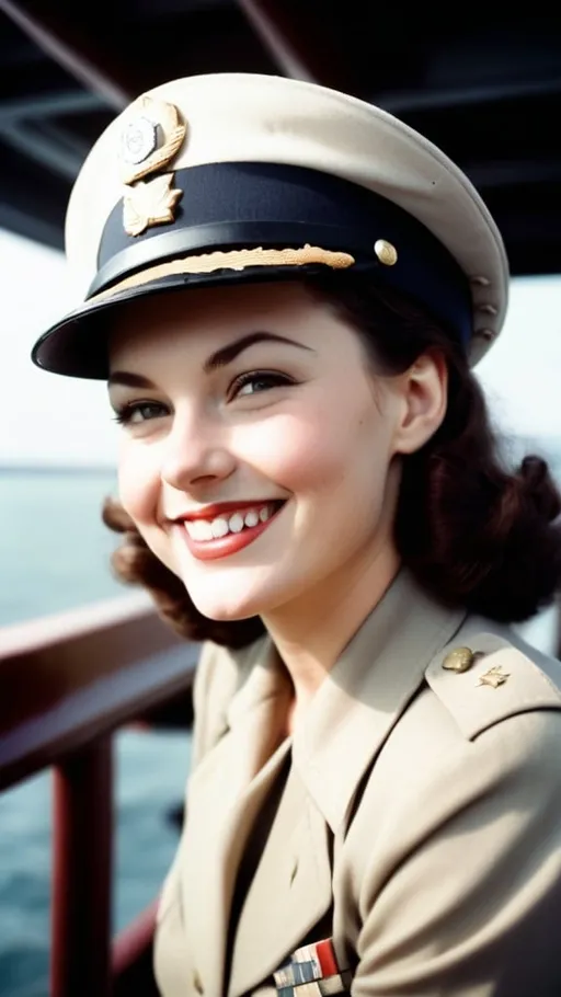 Prompt: bombshell wearing officers cap at a angle,cheeky smile on a ships bridge,40's,captured with soft focus and muted colors typical of early film photography