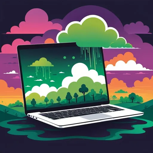 Prompt: 2d flat art, Modern laptop, theme -Environment, Green Washing, vector art, Dark clouds, cover art, bright colours, cute illustration