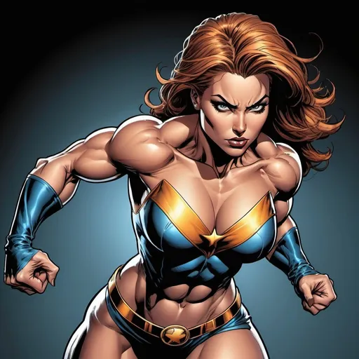 Prompt: female Superhero in 90s Top Cow comic style, dynamic pose, muscular physique, inked line art, comic book illustration, detailed shadows, intense action, high contrast, intense lighting, detailed costume, best quality, highres, ultra-detailed, comic book, dynamic pose, muscular physique, intense action, detailed costume, high contrast, 90s style, intense lighting, detailed shadows