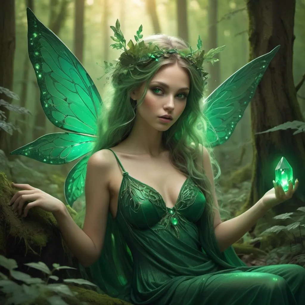 Prompt: Fantasy style, Ethereal sultry wood nymph emerald green glow,detailed woodland scene