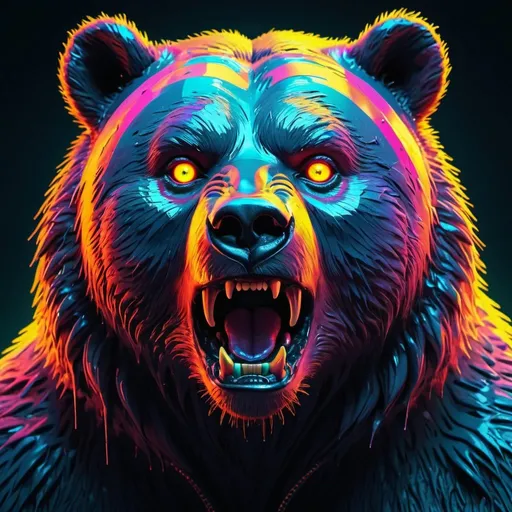 Prompt: Vibrant digital illustration of a menacing bear, surreal dystopian setting, technicolor palette, glowing neon signs, detailed fur with ominous shadows, piercing eyes, industrial dystopian, high-tech sci-fi, abstract, surreal lighting, high quality, ultra-detailed, dystopian, surreal, vibrant colors, glowing neon, menacing bear, detailed fur, industrial setting, piercing eyes, digital art, technicolor palette