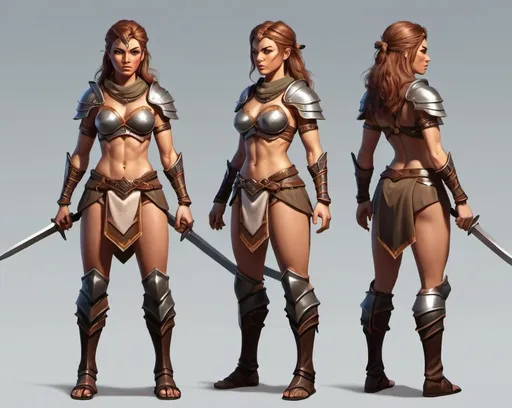 Prompt: female warrior game character, digital illustration, front view, side view, angled view