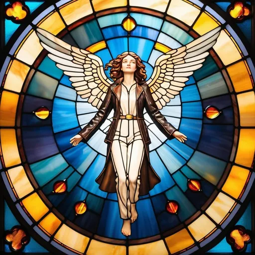 Prompt: Stained glass design of classical Floating female angel wearing a leather jacket and trouser, radiant light, colourful background