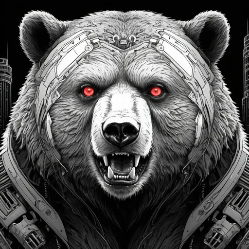 Prompt: Colouring sheet. Vibrant digital illustration of a menacing bear, surreal dystopian setting, detailed fur with ominous shadows, piercing eyes, industrial dystopian, high-tech sci-fi, abstract, surreal lighting, high quality, ultra-detailed, dystopian, surreal, glowing, menacing bear, detailed fur, industrial setting, piercing eyes, digital art